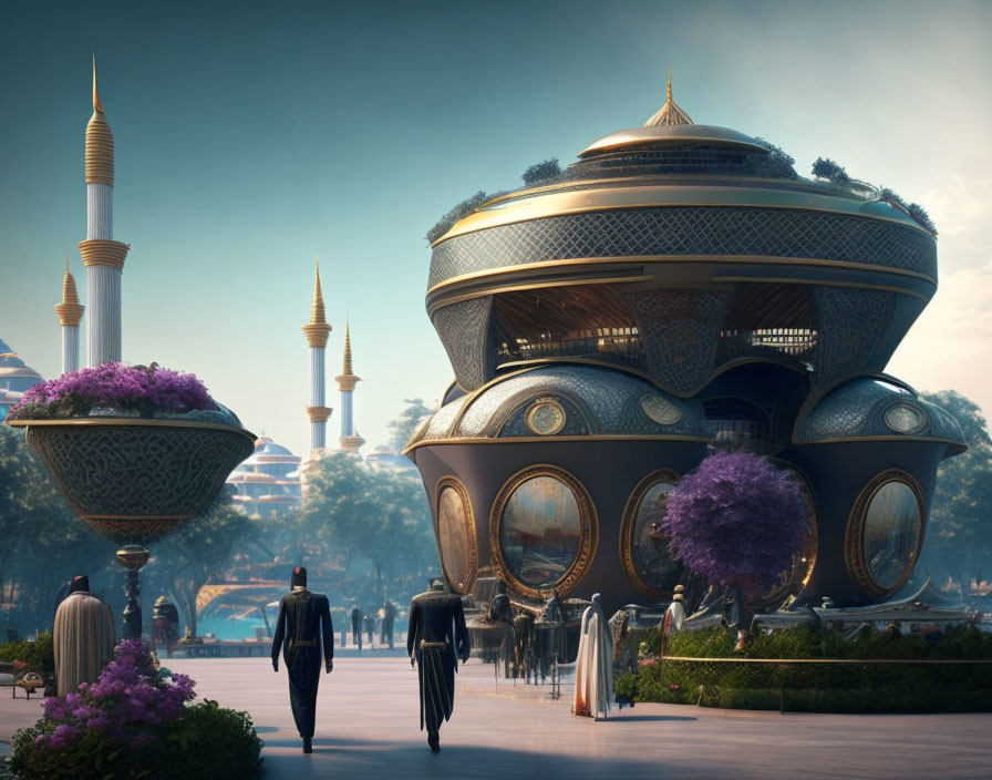 Ornate futuristic cityscape with grand structure and purple trees