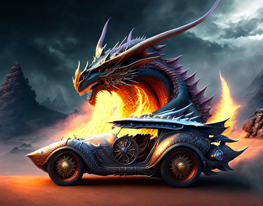 Dragon merges with steampunk car in stormy landscape