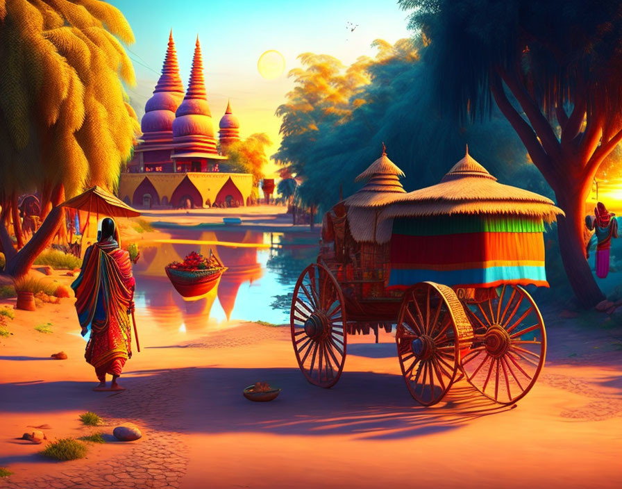 Colorful Scene: Woman in Traditional Dress by River, Carts, Temple at Sunset