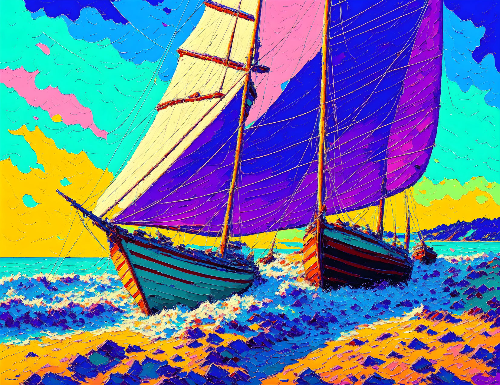 Vibrant painting of sailboats on colorful beach