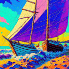 Vibrant painting of sailboats on colorful beach