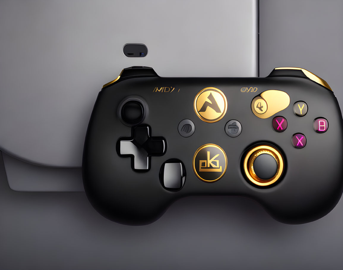 Black Video Game Controller with Gold Accents and Circular Gold D-Pad