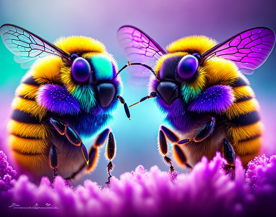 Colorful Bees with Purple Wings Among Flowers in Dreamy Background