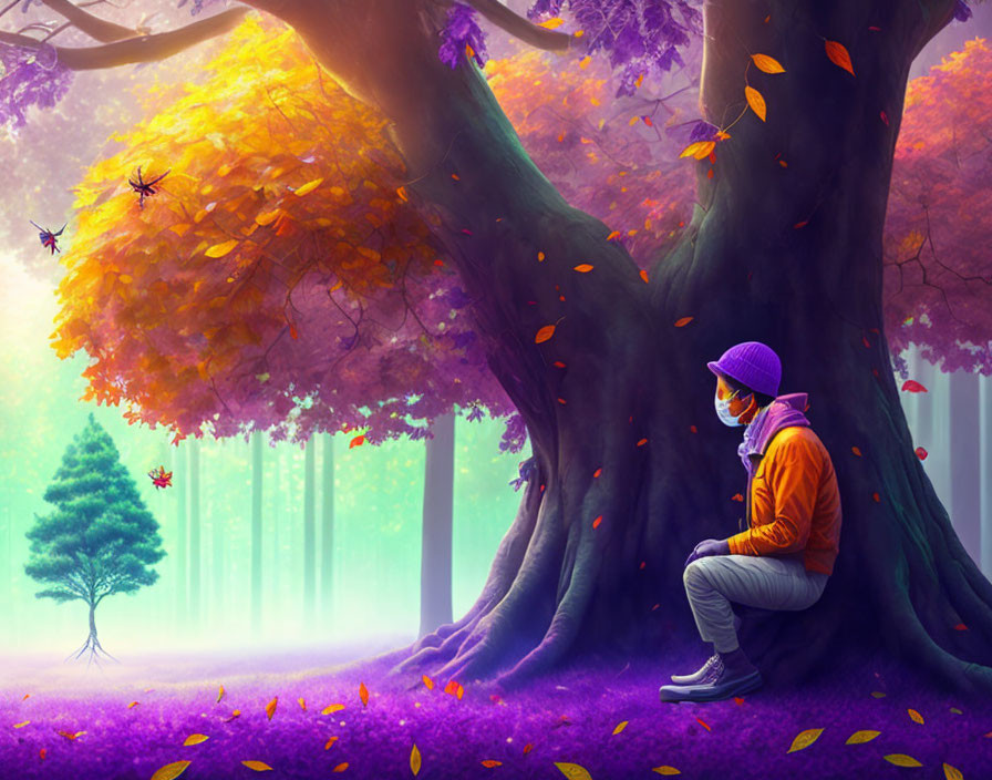 Person in Purple Hat and Orange Jacket Sitting Under Falling Leaves in Purple Forest