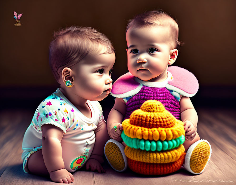 Two Cute Animated Babies in Butterfly Wing Costume with Colorful Knitted Toy