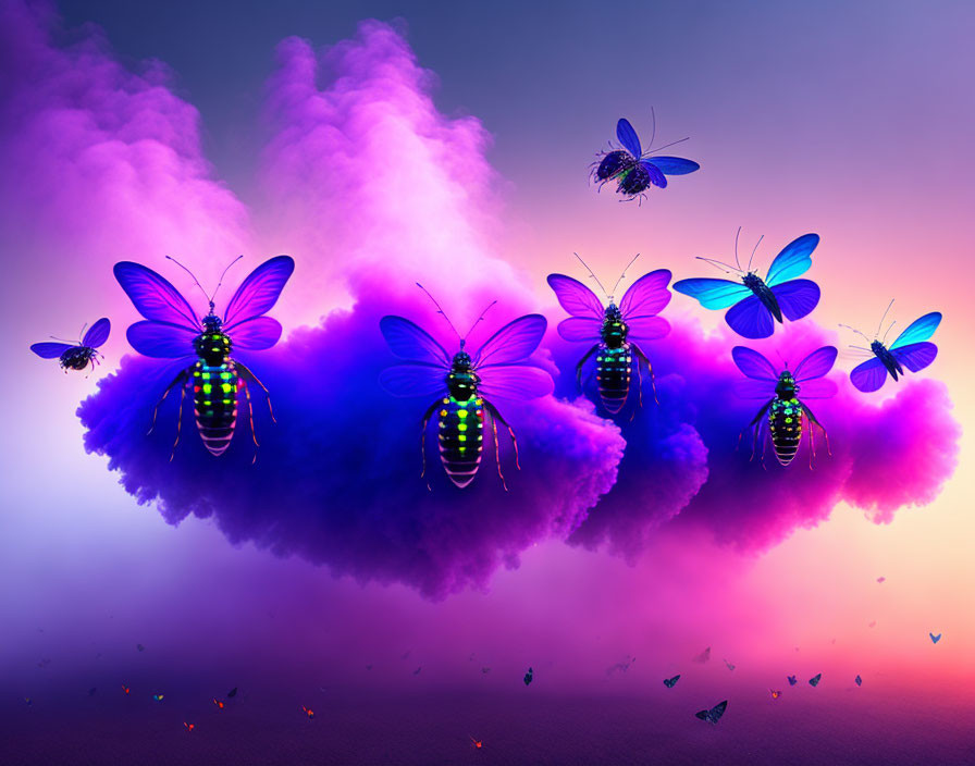 Colorful winged insects flying around fluffy purple cloud in vibrant image