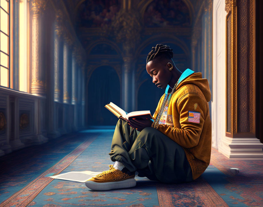 Person reading book in ornate corridor with sunlight streaming in