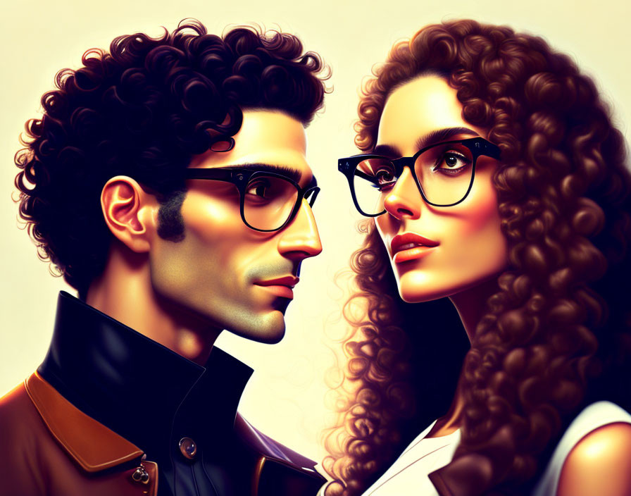 Digital illustration of serious man and woman with curly hair and glasses