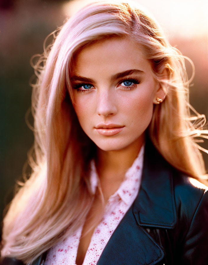 Pinkish-blonde haired woman in leather jacket and polka dot blouse under warm sunlight