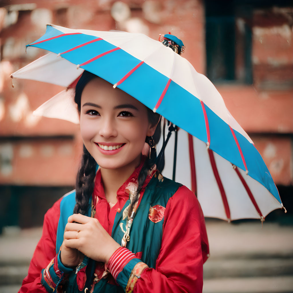 Smiling woman with braided hair holding colorful umbrella in red jacket