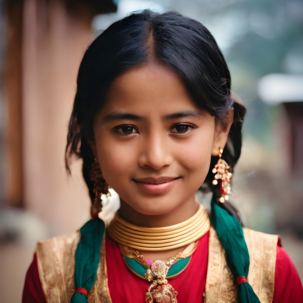 Young girl in traditional attire with smile, earrings, and necklace in blurred background