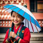 Smiling woman with braided hair holding colorful umbrella in red jacket