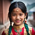 Young girl in traditional attire with smile, earrings, and necklace in blurred background