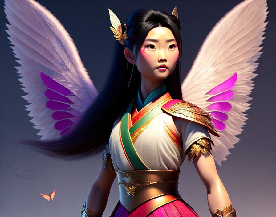 Digital artwork of female character with wings and traditional attire and gold armor