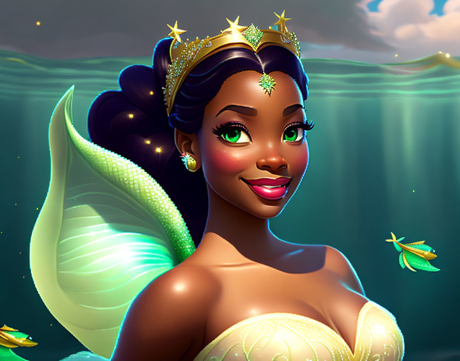 Animated mermaid princess with crown and glowing fins in ocean backdrop