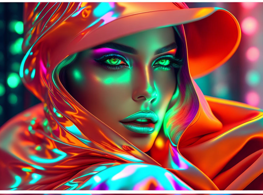 Vibrant neon makeup on woman with glossy orange hood in digital artwork