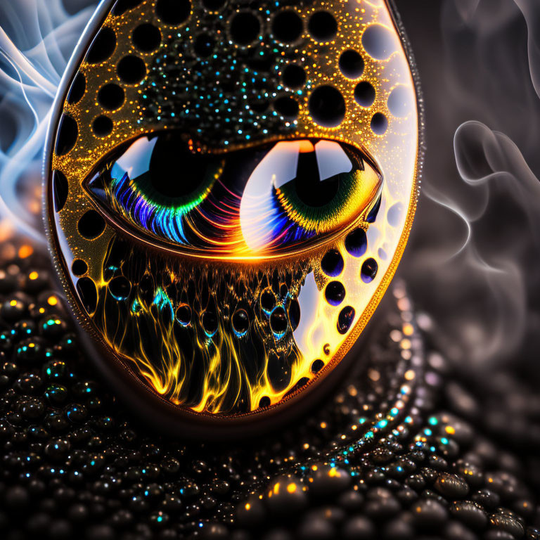 Colorful Surreal Eye Illustration with Fiery Tears and Egg-shaped Border