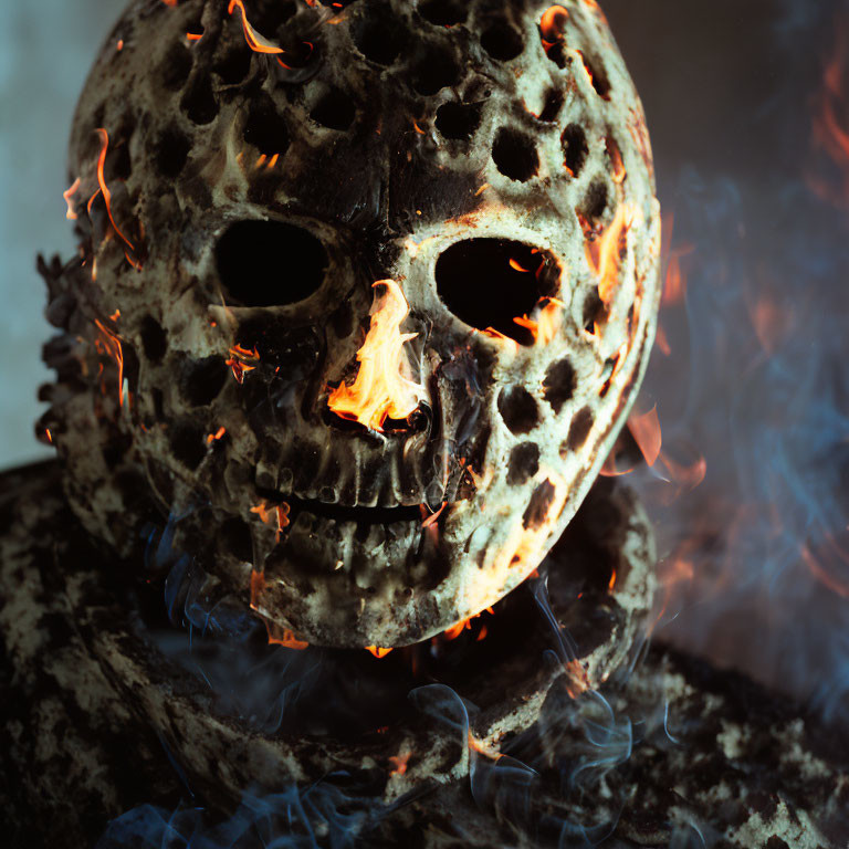 Skull-like mask with fiery eyes in smoky setting