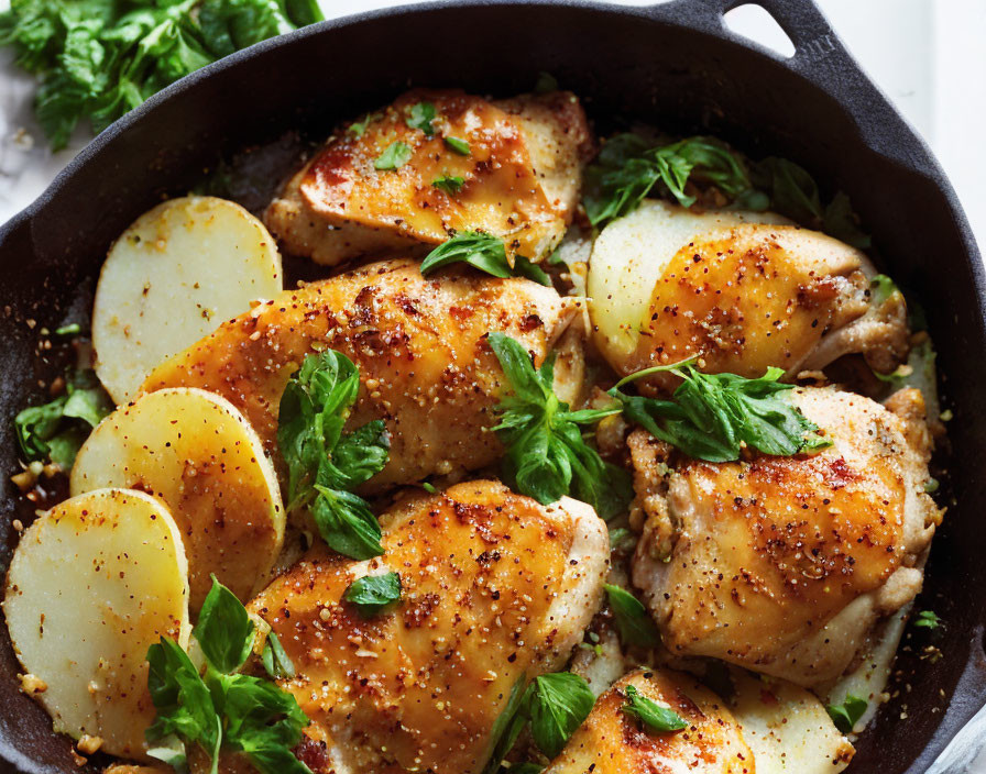 Golden-brown Chicken Thighs & Potatoes in Cast-Iron Skillet