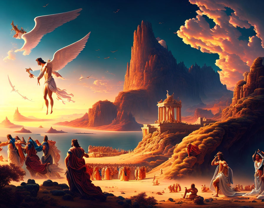 Mythical scene featuring robed figures, angelic being, Greek architecture, cliffs, water,