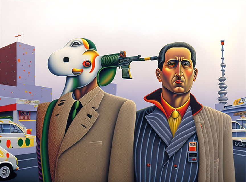 Surreal Caricatured Individuals with Gun Nose in Urban Setting