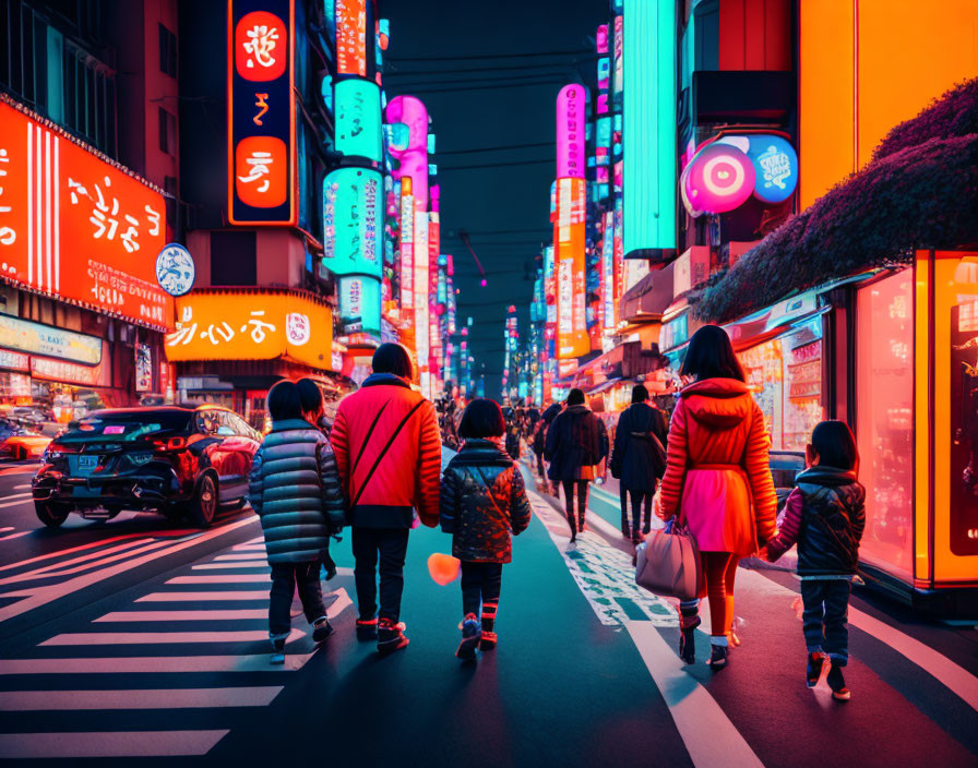 Busy city street at night: neon signs, pedestrians, family walking