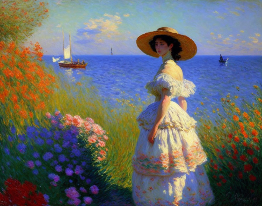 Woman in white dress and straw hat in colorful meadow by the sea with sailboats and blue sky