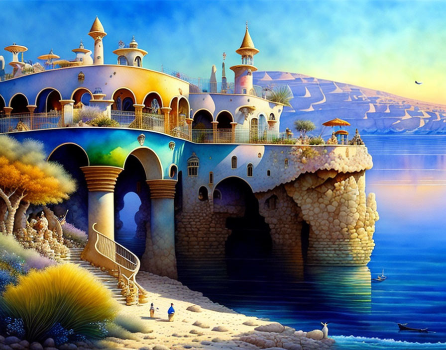 Seaside palace with domes and towers by tranquil blue waters