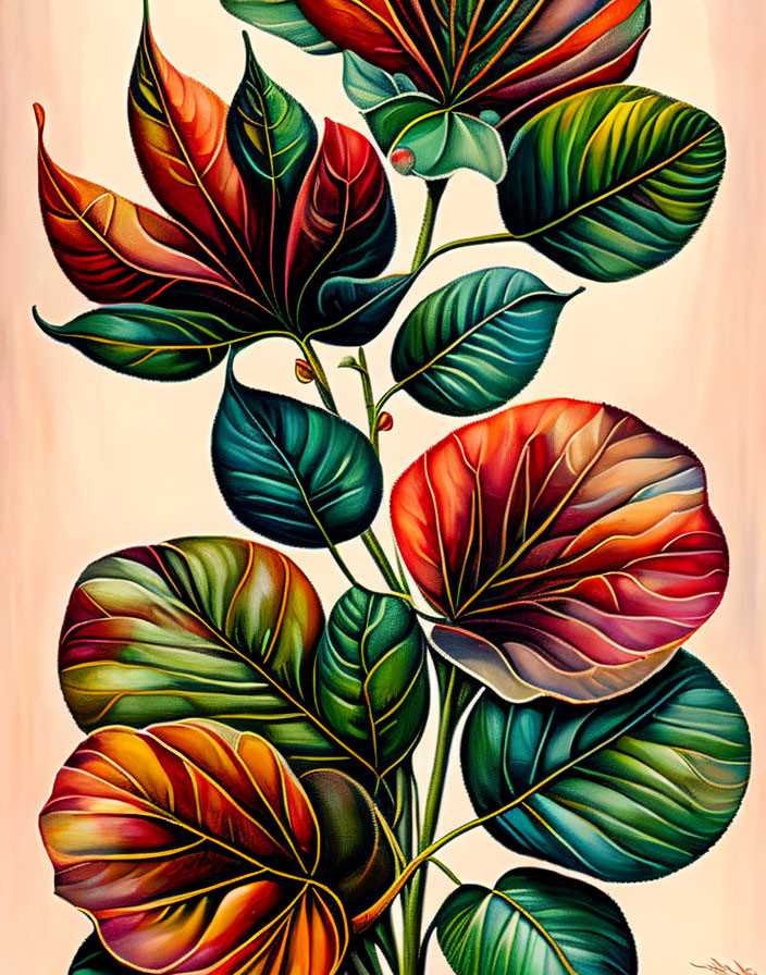 Colorful Hyper-Realistic Veined Leaves Illustration in Green, Red, and Yellow Gradient