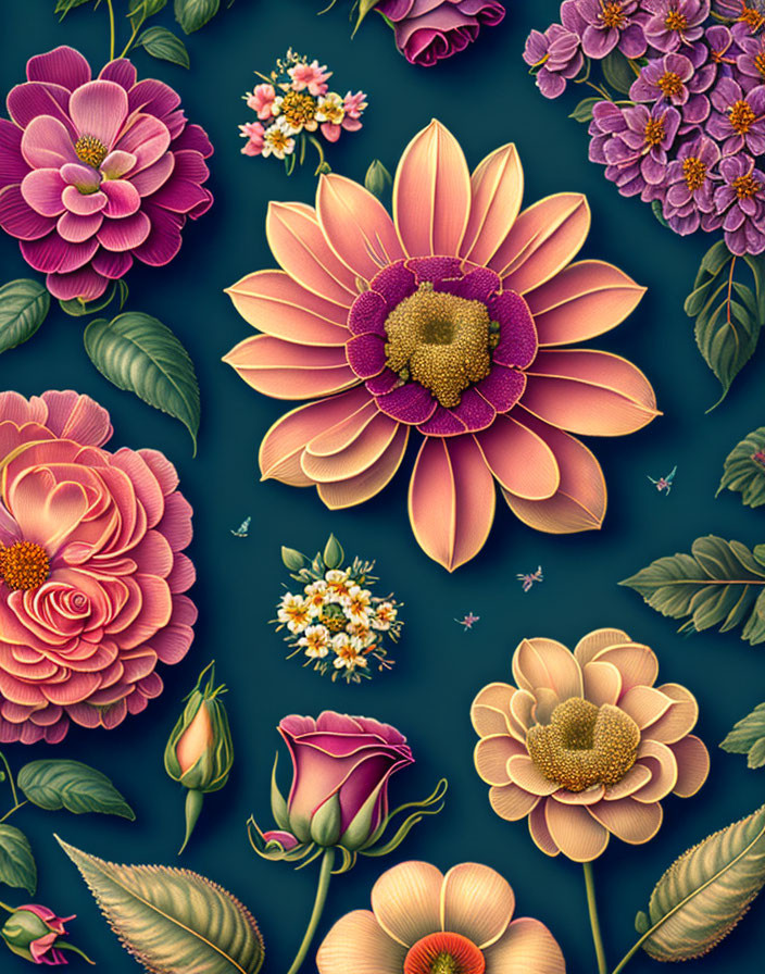 Colorful Flowers and Leaves Illustration on Dark Teal Background with Insects