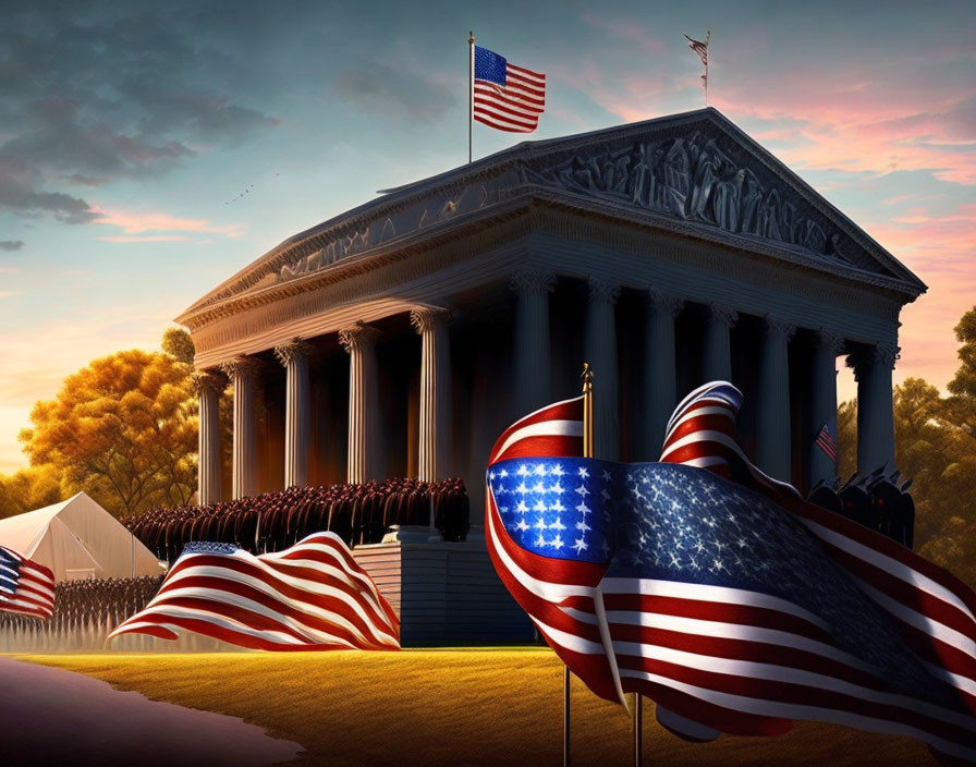 Neoclassical Building with American Flags at Sunset