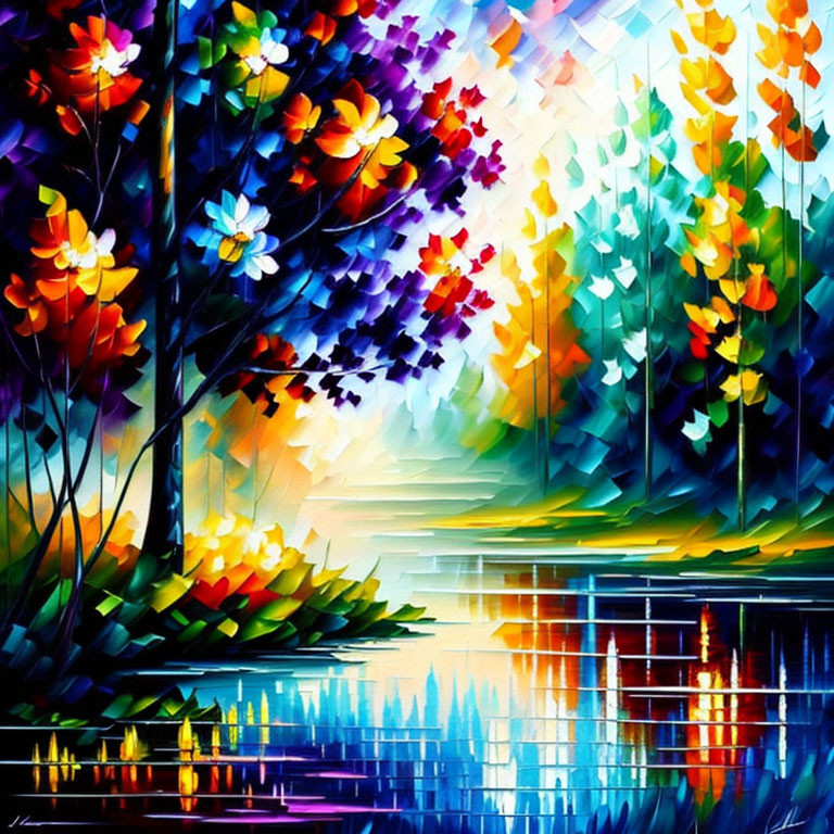 Colorful Autumn Trees Painting with Geometric Brushstrokes