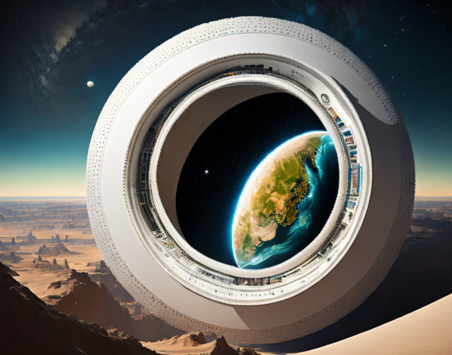 Futuristic space station with panoramic window overlooking Earth and desert landscape
