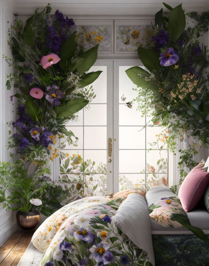 Floral-themed cozy bedroom with large windows and greenery