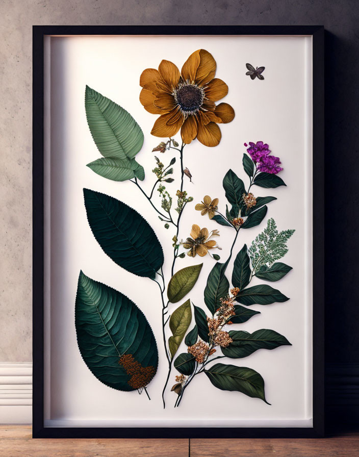 Botanical pressed flowers and butterfly in framed artwork