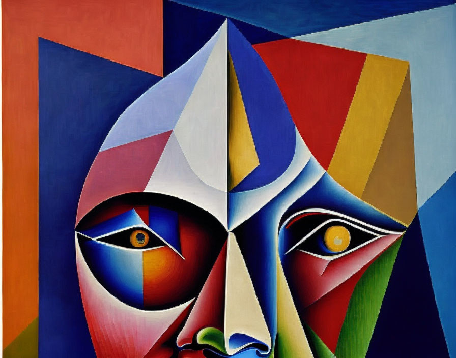 Geometric shapes in abstract cubist painting with fragmented, multi-hued human face.