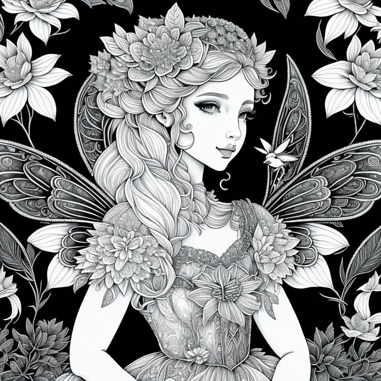 Detailed Monochrome Fairy Illustration with Floral and Butterfly Motifs