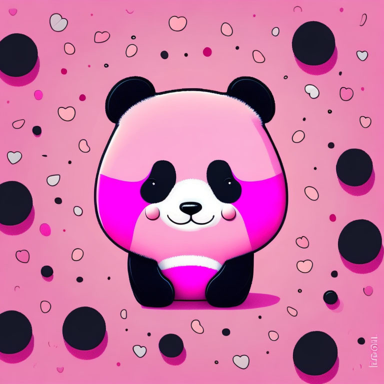 Vivid pink and black cartoon panda on pink background surrounded by hearts and circles