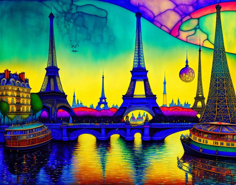 Colorful painting of multiple Eiffel Towers in surreal setting