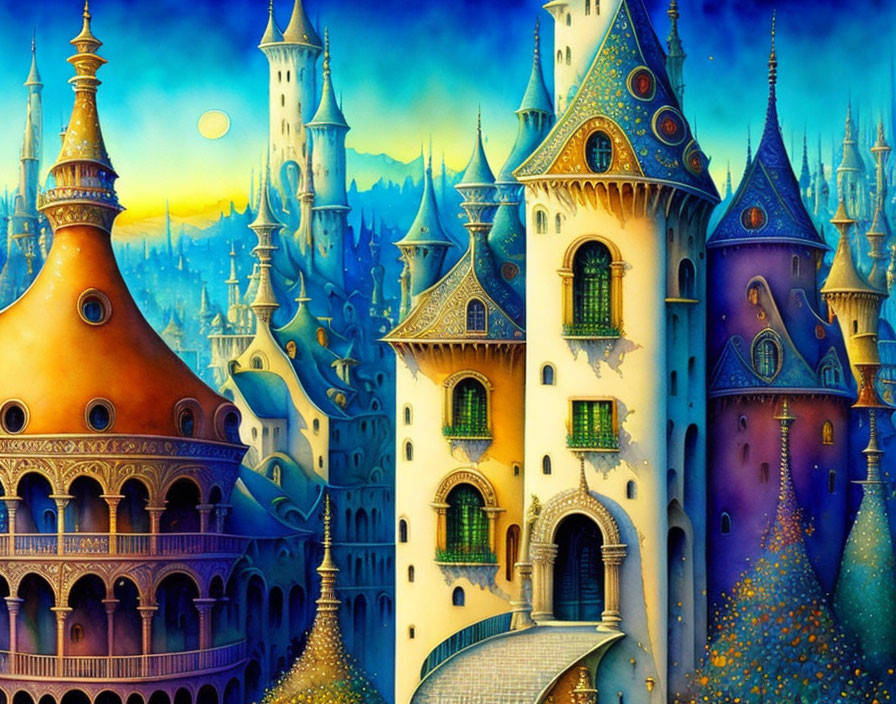 Whimsical fantasy castle painting with colorful spires & rooftops