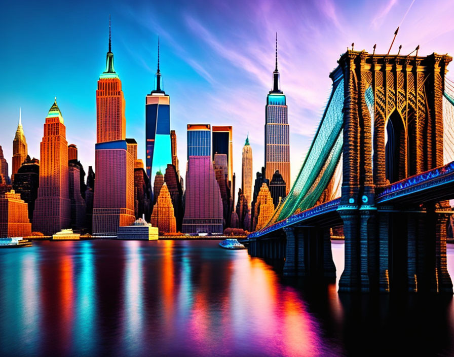 Vivid Sunset View of New York City Skyline with Empire State Building and Brooklyn Bridge