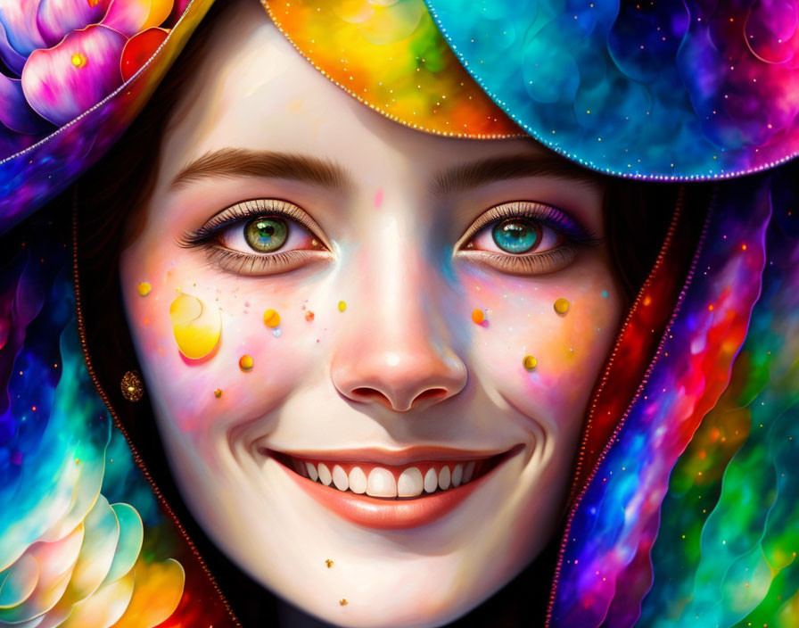 Vibrant digital portrait of smiling woman with colorful splashes and rainbow hat