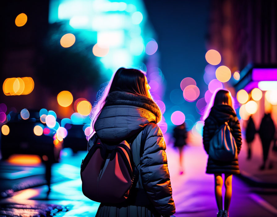 Person in winter jacket on colorful city street at night with bokeh lights