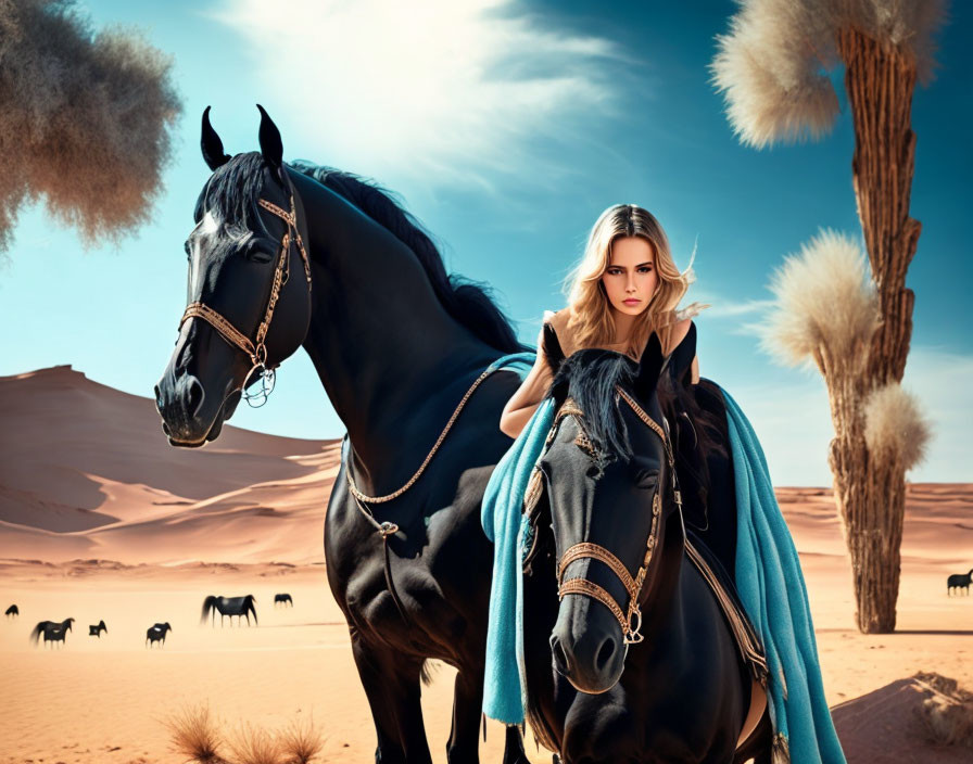 Blonde woman riding black horse in desert landscape