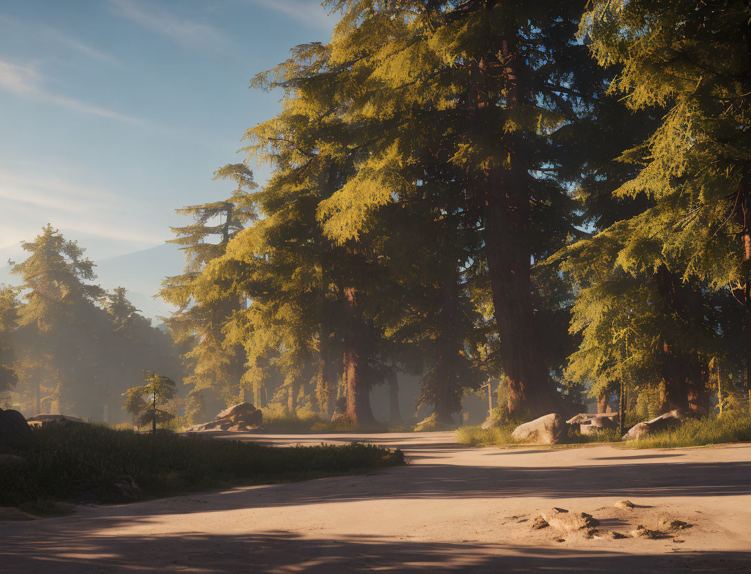 Tranquil forest path with sunlight through evergreen trees