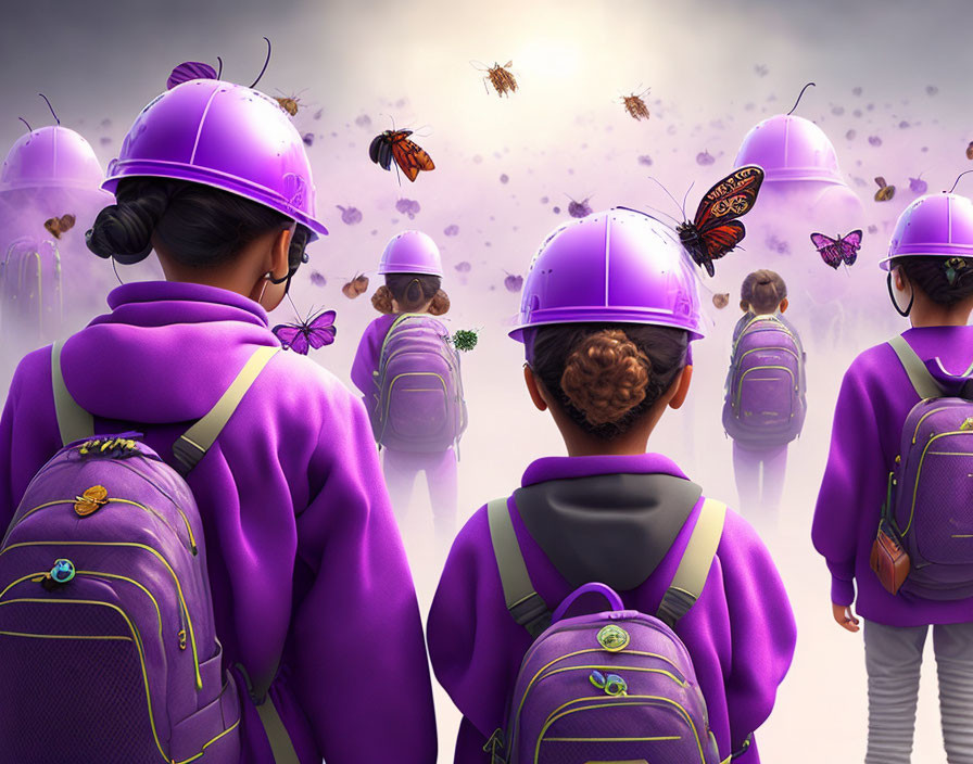 Children with purple helmets and backpacks exploring whimsical butterfly-filled scene