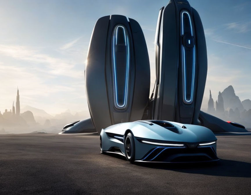 Sleek futuristic car with blue accents in desert landscape with pod-like structures