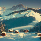 Snow-covered winter landscape with chalets, pine trees, and mountains at twilight