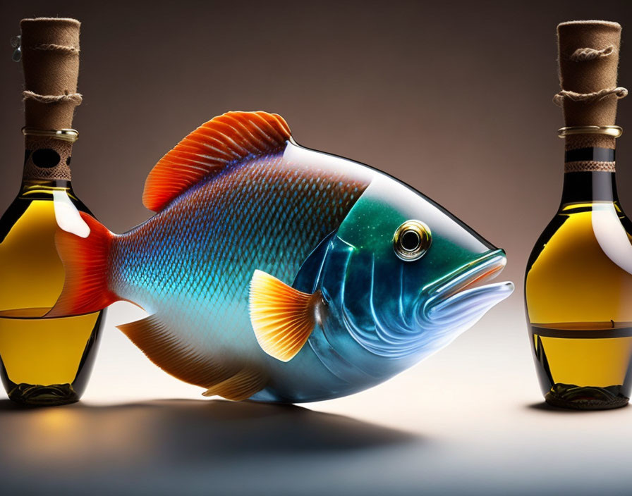 Fish merged with wine bottles in creative image