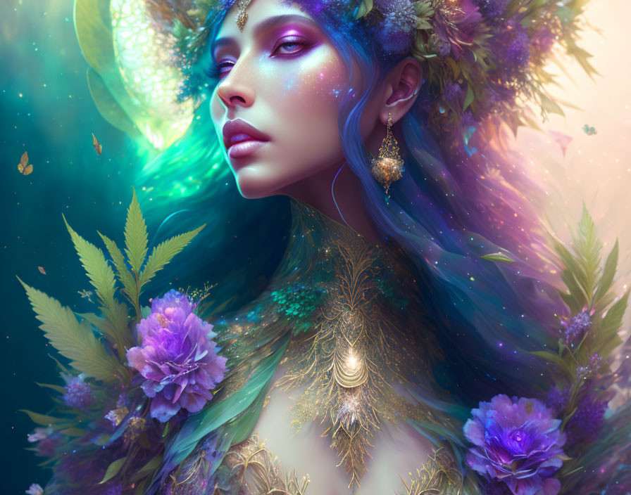 Fantasy portrait of woman with floral hair, vibrant blues and greens, delicate foliage.